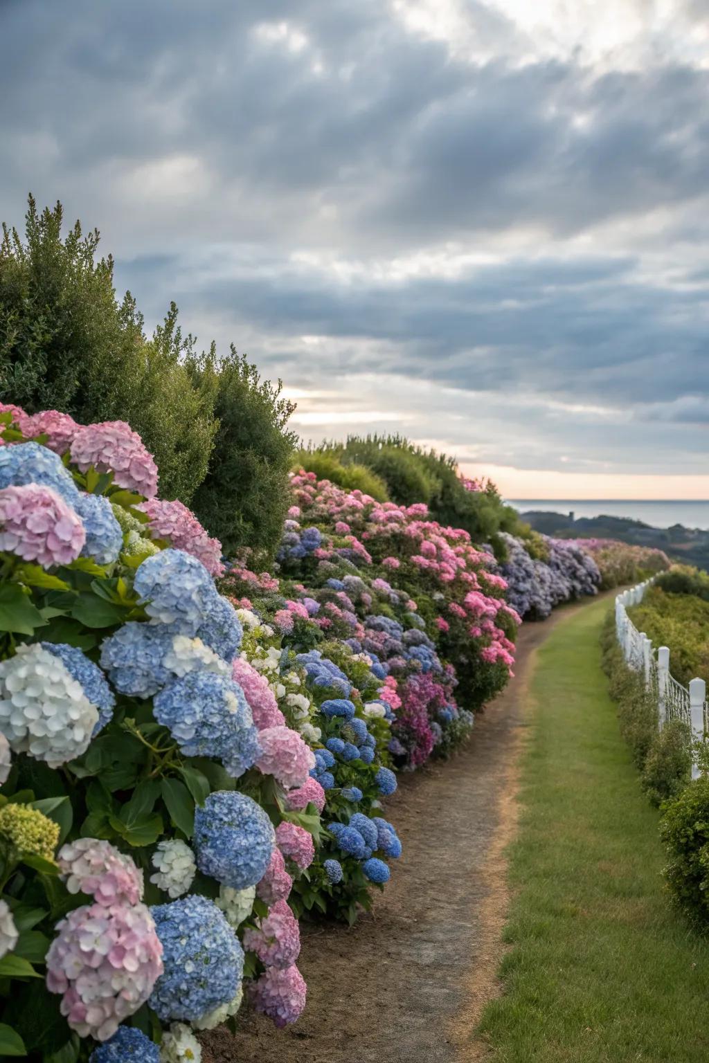 Hydrangeas used as edging provide a colorful and defined boundary for flower beds.