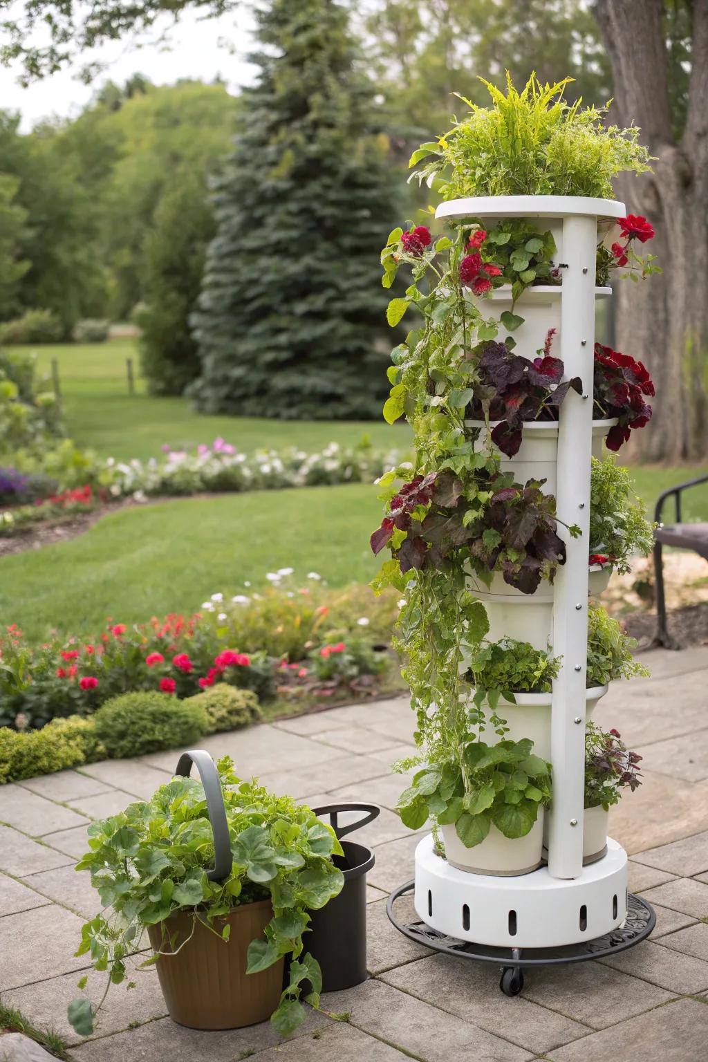 A portable tower allows for flexible hydroponic gardening.