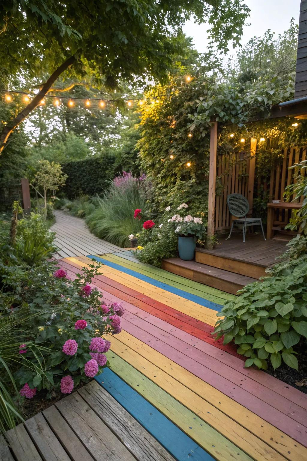 A lively garden deck featuring colorful, eye-catching boards.