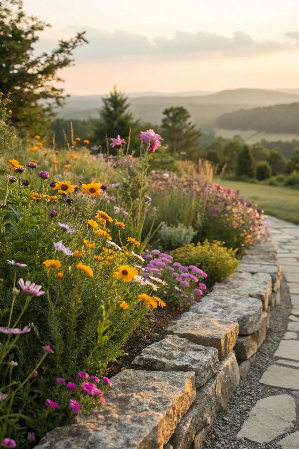 Wildflowers and stone edging create a harmonious garden scene.