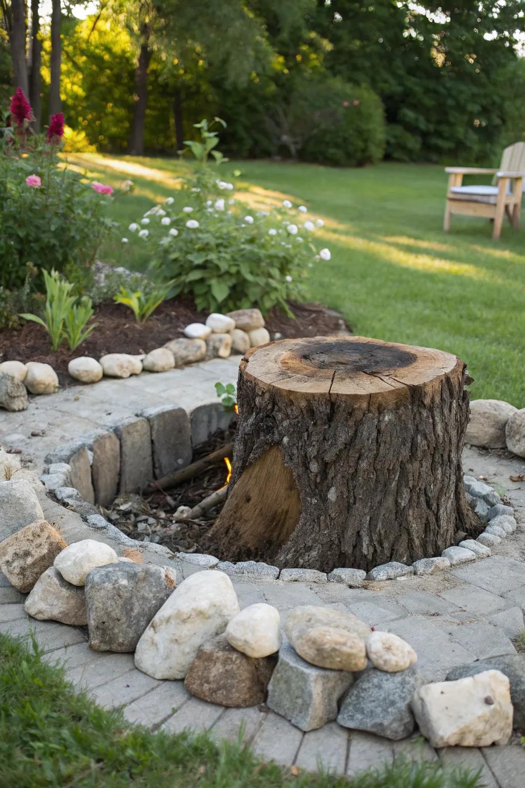 A tree stump cleverly turned into a cozy fire pit.