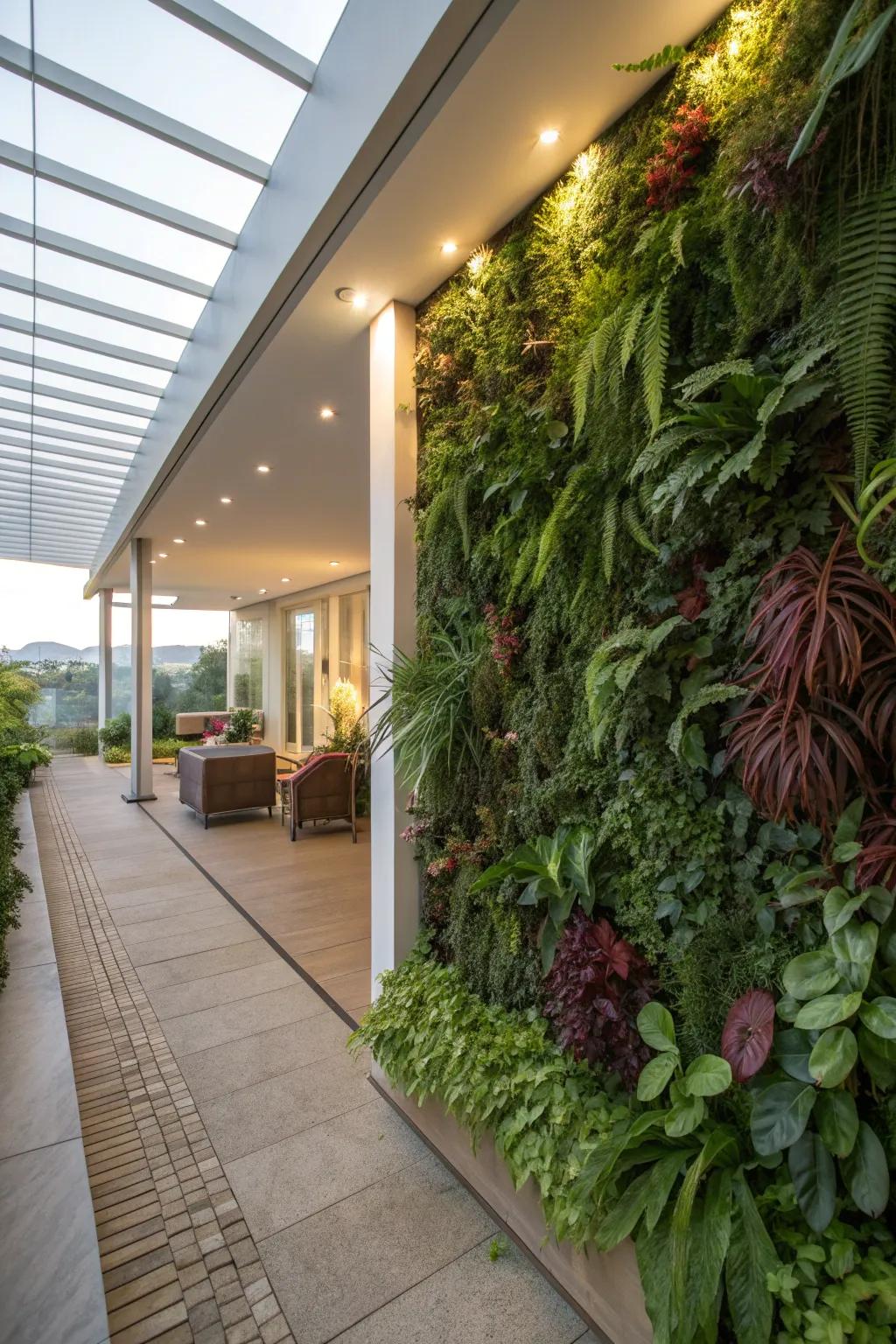 A patio transformed by a lush, vibrant living wall.