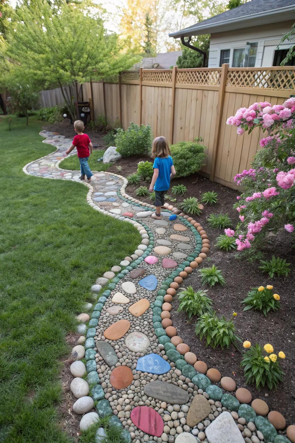 A pebble art pathway adds creativity to the garden.
