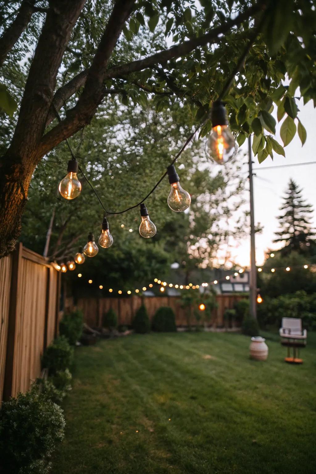 Hanging bulbs create an artistic focal point.