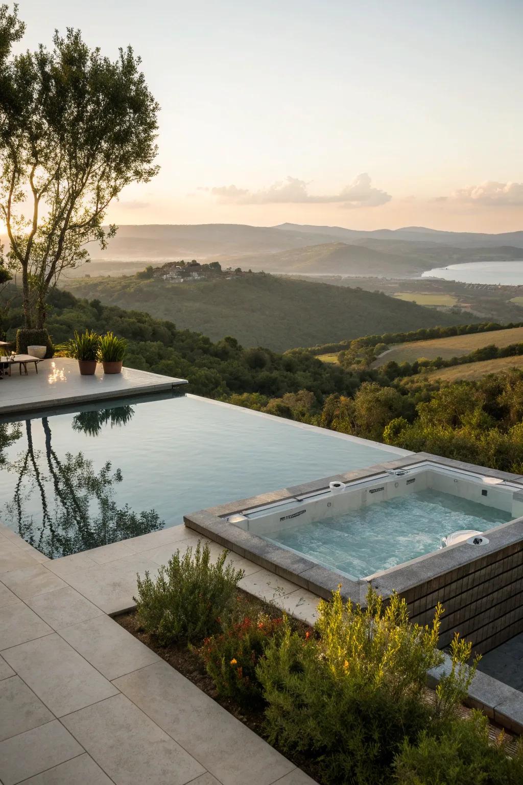 An integrated hot tub adds luxury and versatility to this infinity pool.