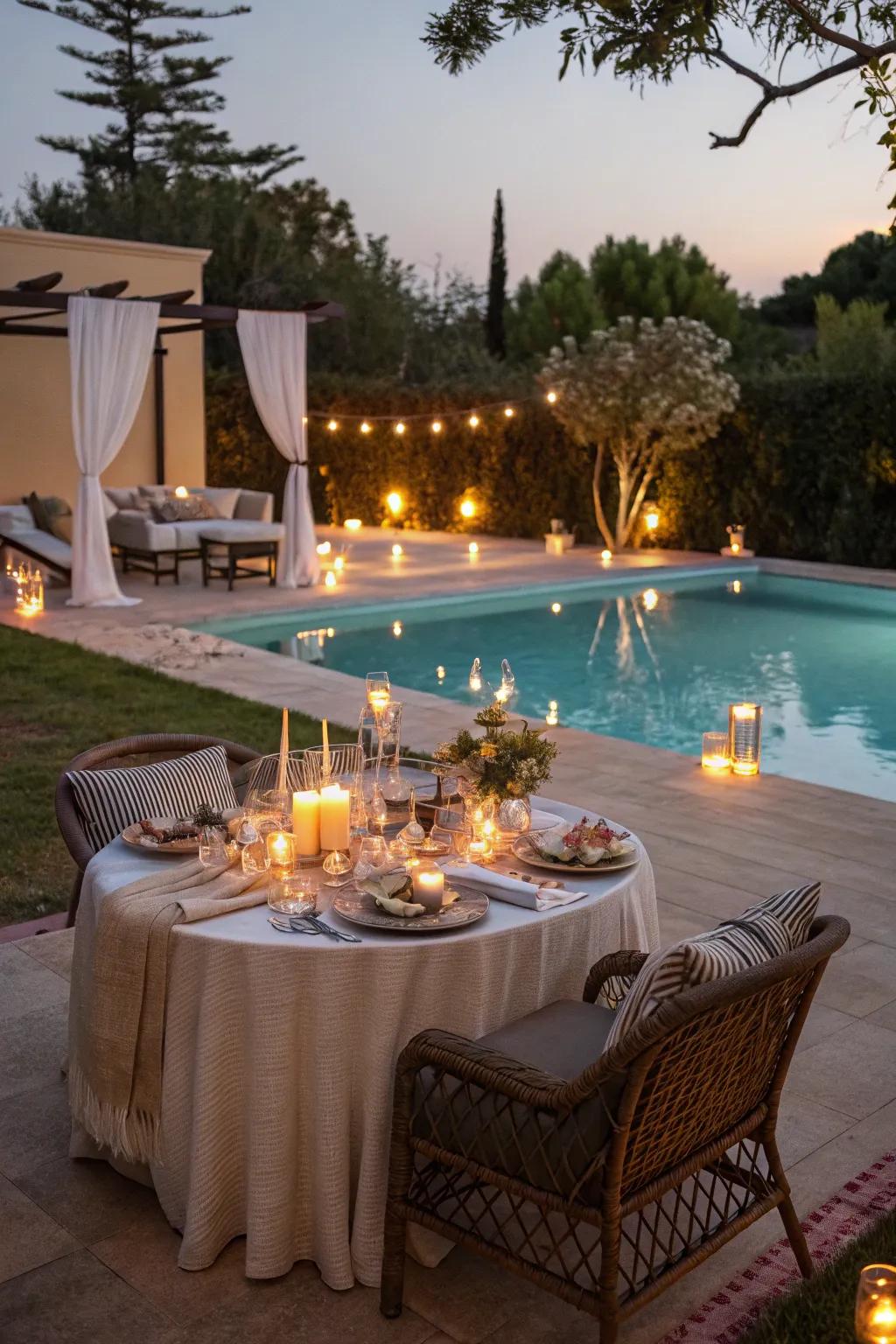 An elegant alfresco dining area where a pool once was.