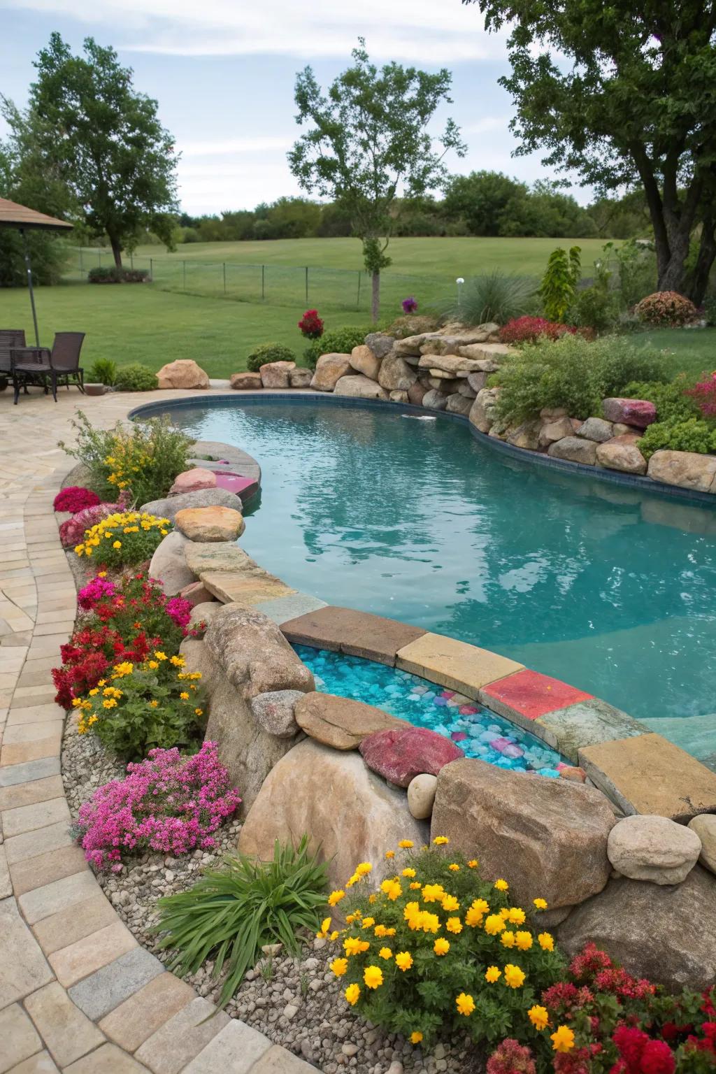 Colorful rocks add a playful and vibrant touch to poolside areas.