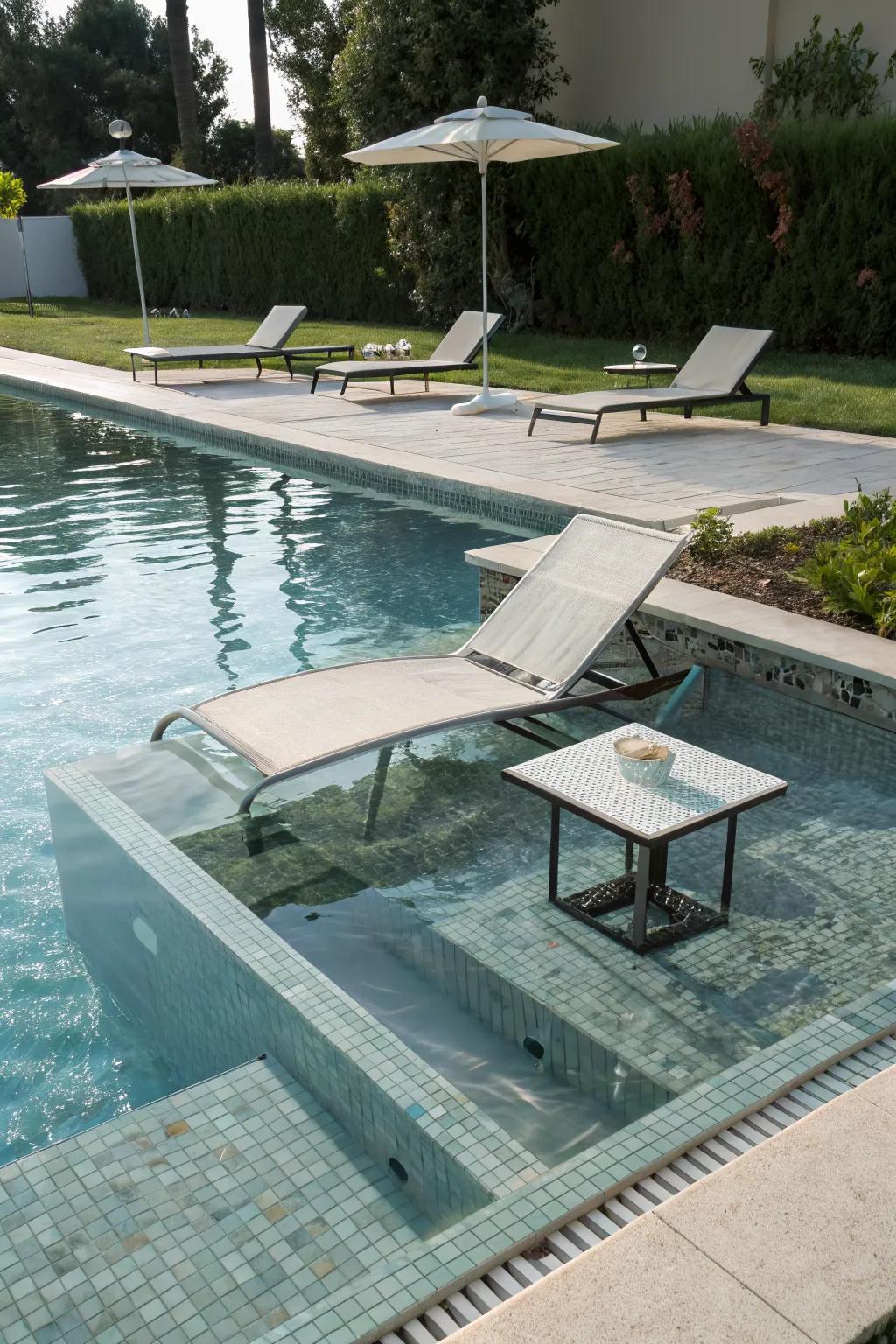 In-pool furniture creating a luxurious lounging experience in an inground pool.