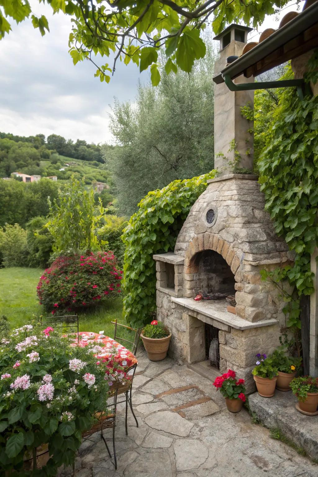 A stone fire oven makes outdoor cooking a delightful experience.