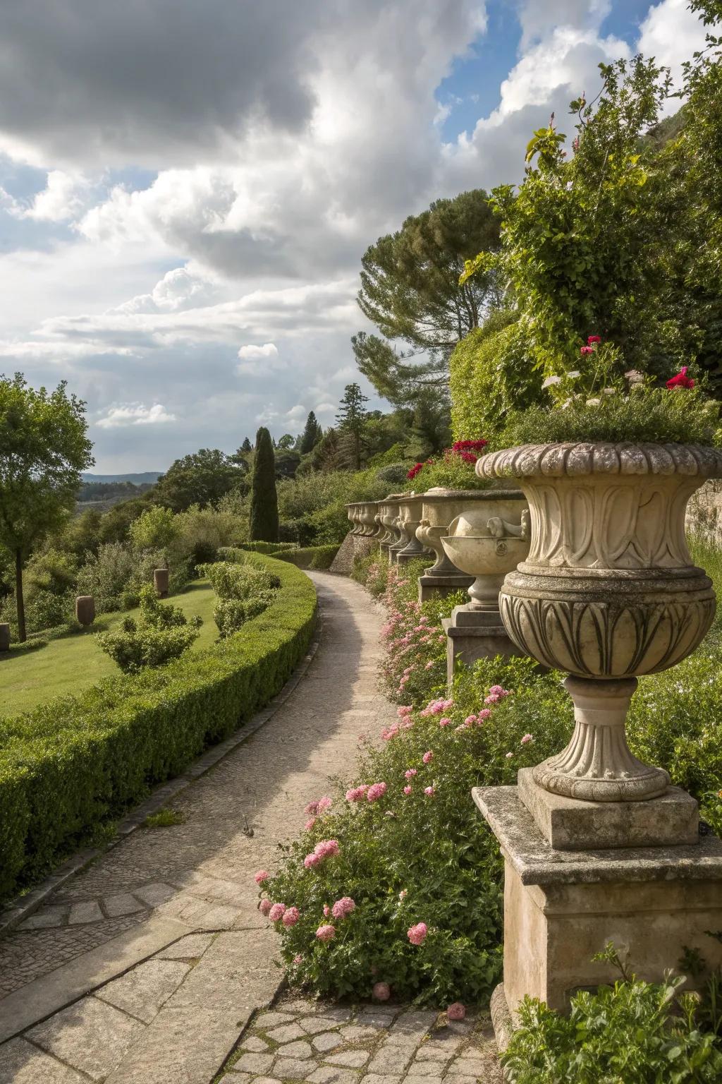 Garden urns adding a touch of grandeur and elegance.