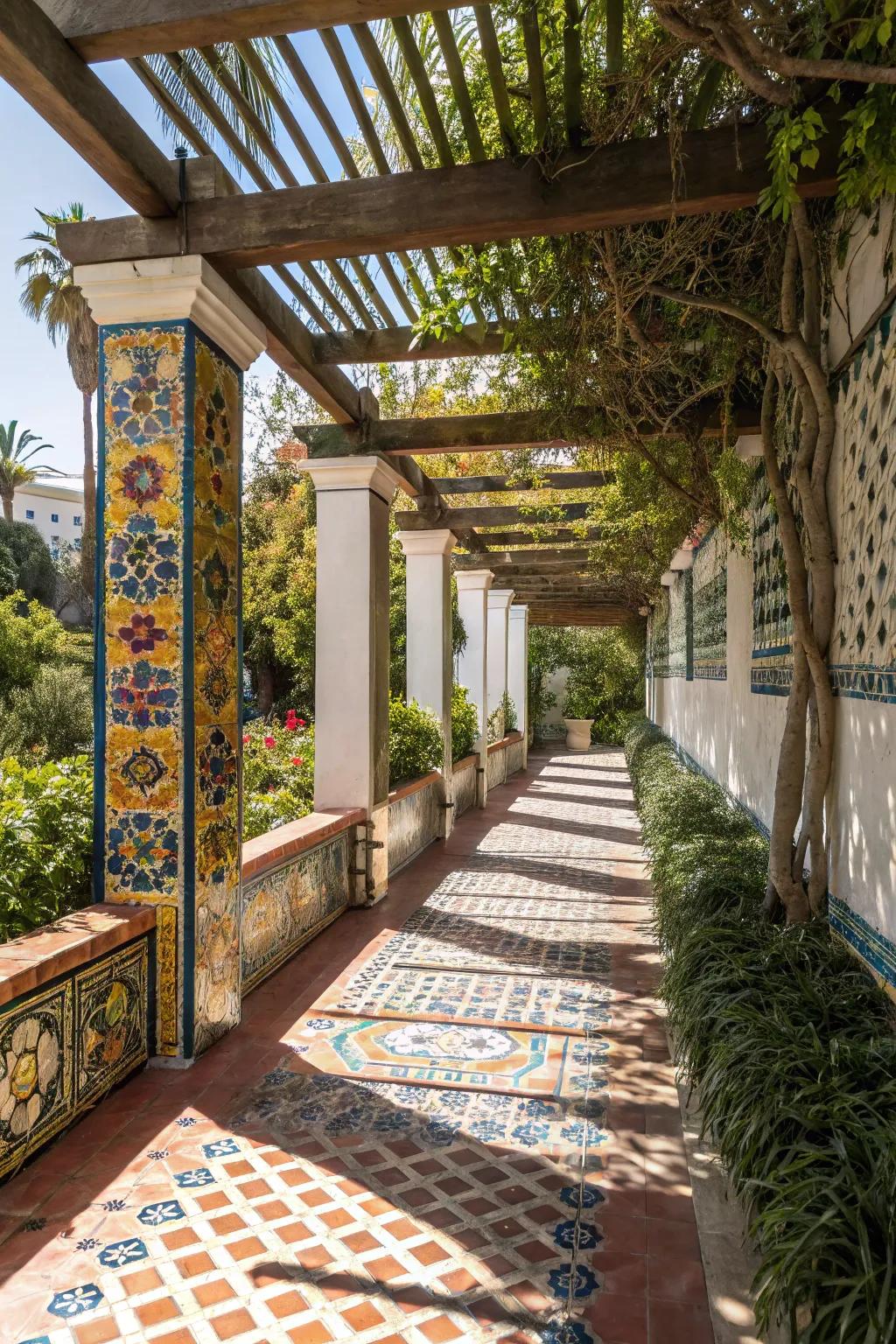 Tile accents add vibrant personality to this pergola space.