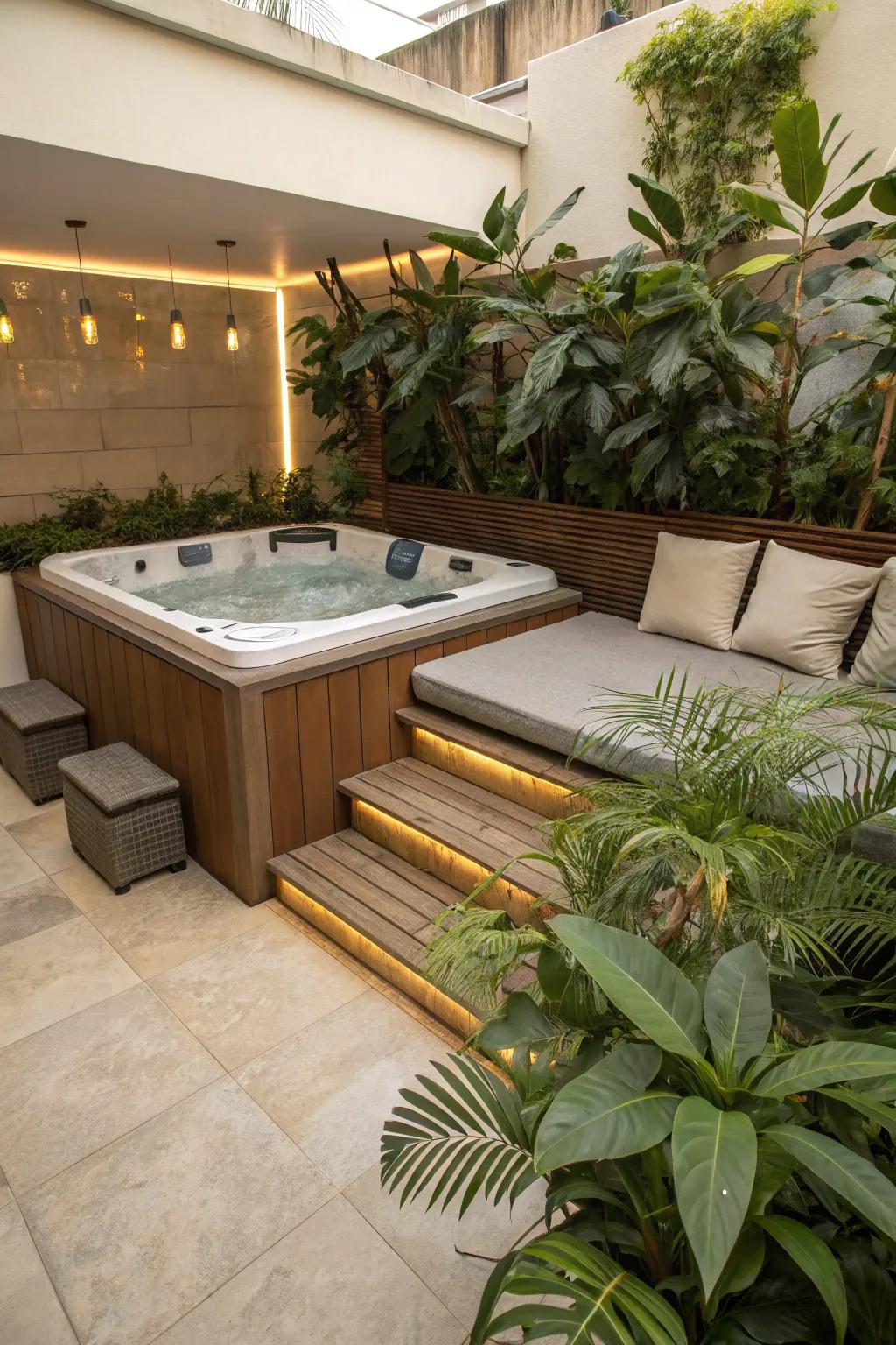 A well-organized jacuzzi space with functional storage solutions