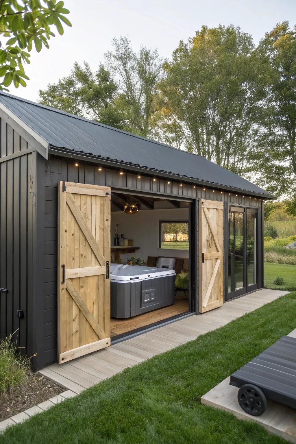 A modern farmhouse jacuzzi shed combining rustic charm with sleek style.