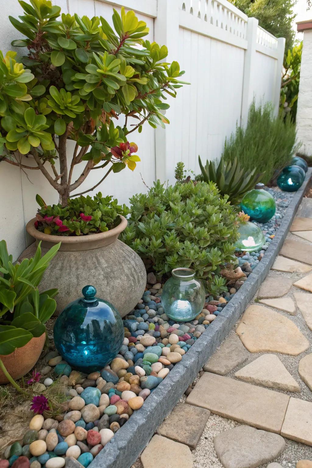Create a vibrant corner with jade plants and colorful accents.