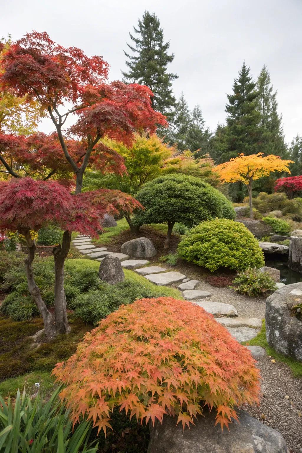 Add intrigue by mixing different Japanese maple varieties.