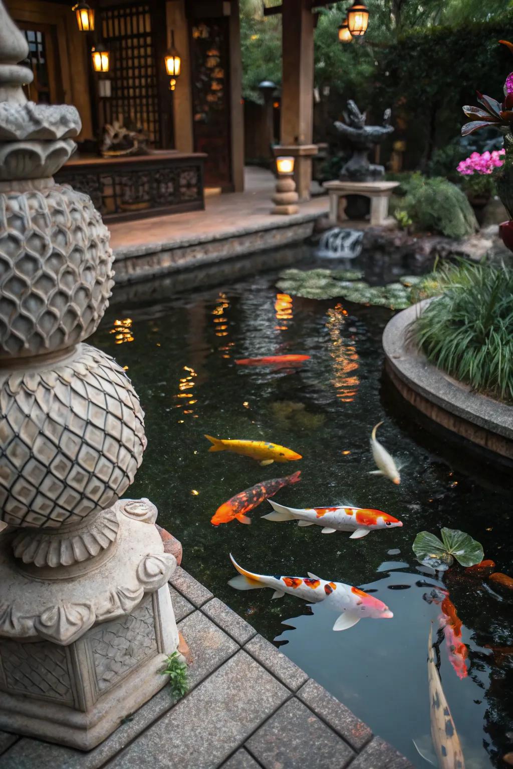 Artistic sculptures adding flair and interest to a koi pond setting.