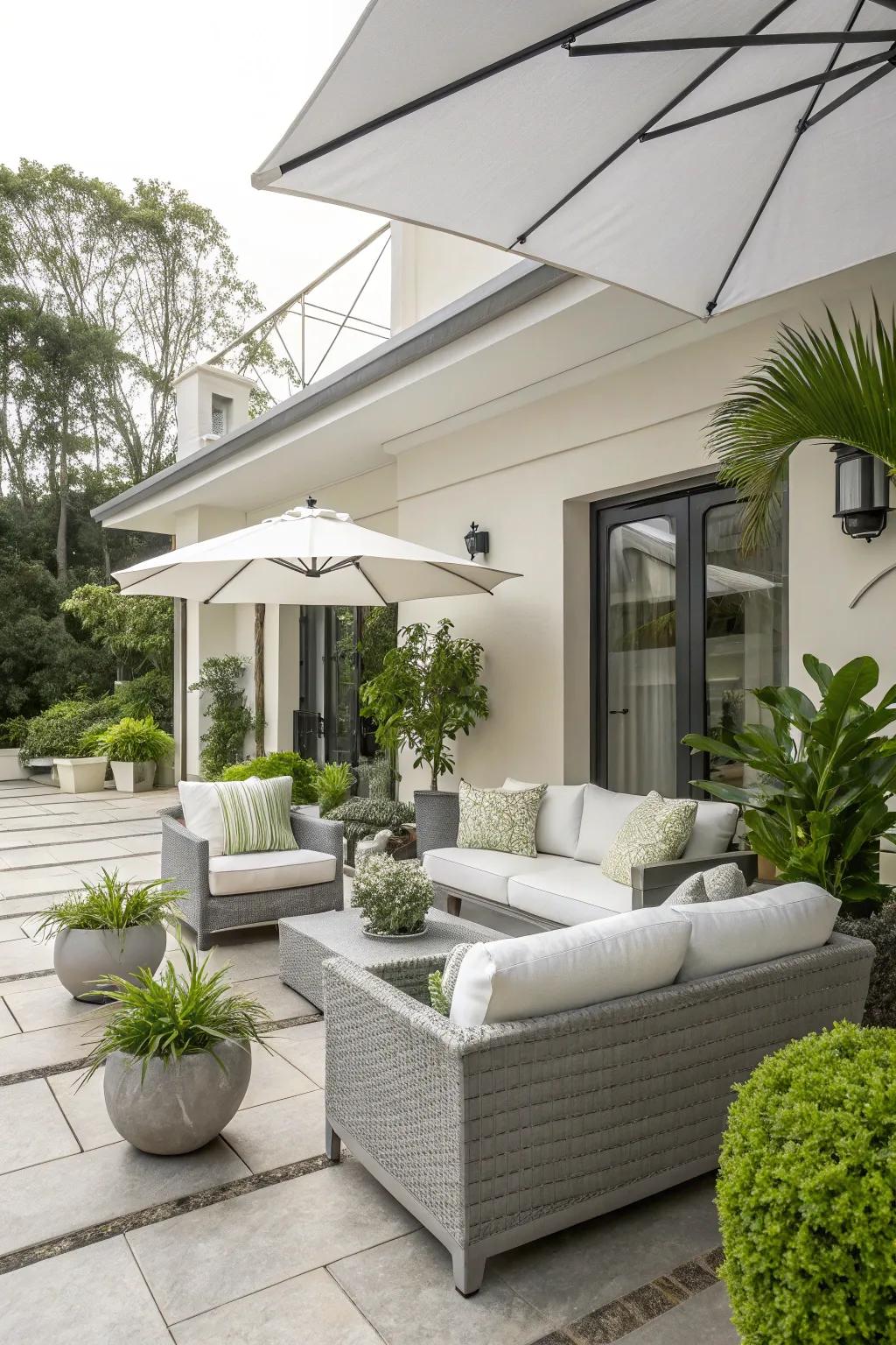 A chic color palette that creates a sophisticated and welcoming patio.