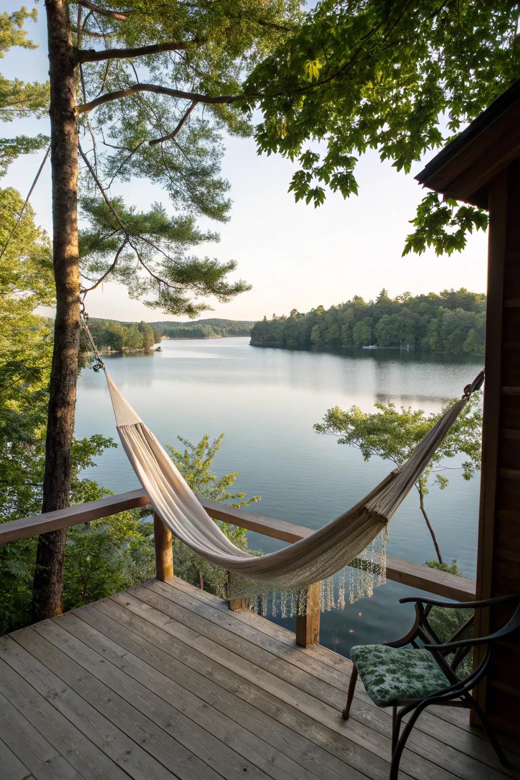 A hammock offers a peaceful retreat on the deck.
