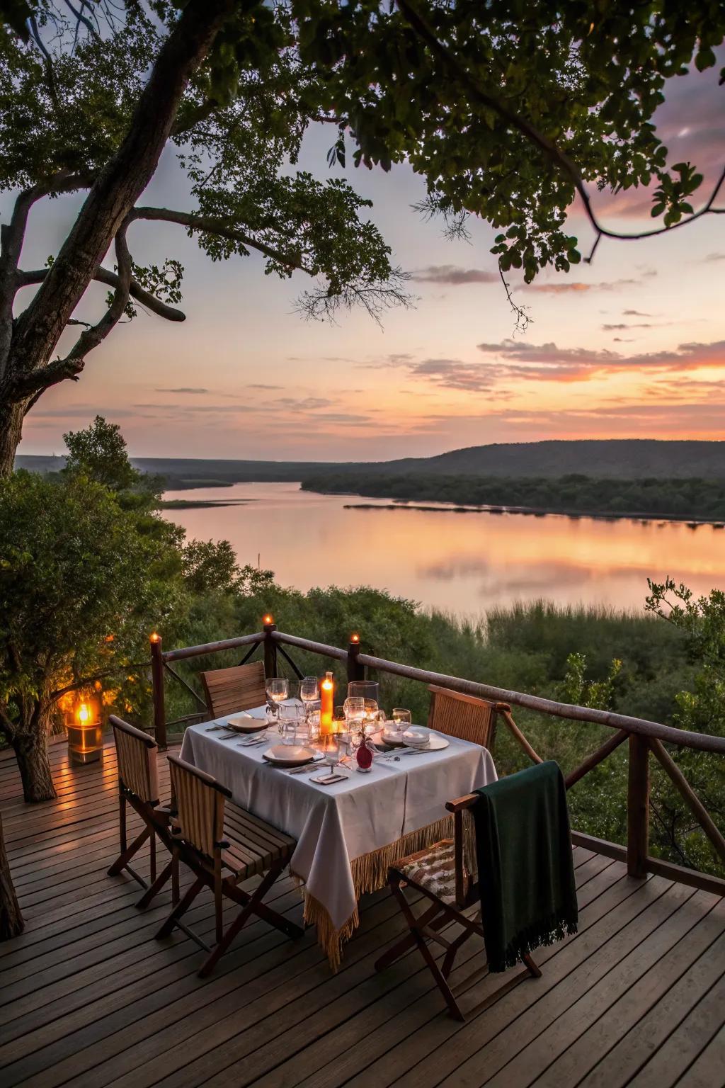 An outdoor dining area lets you enjoy meals with a lakeside view.