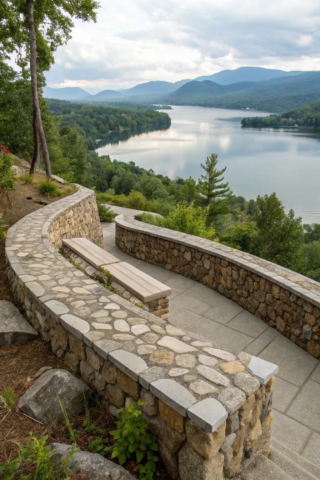 Breathtaking viewpoints integrated into the retaining wall offer stunning lake views.