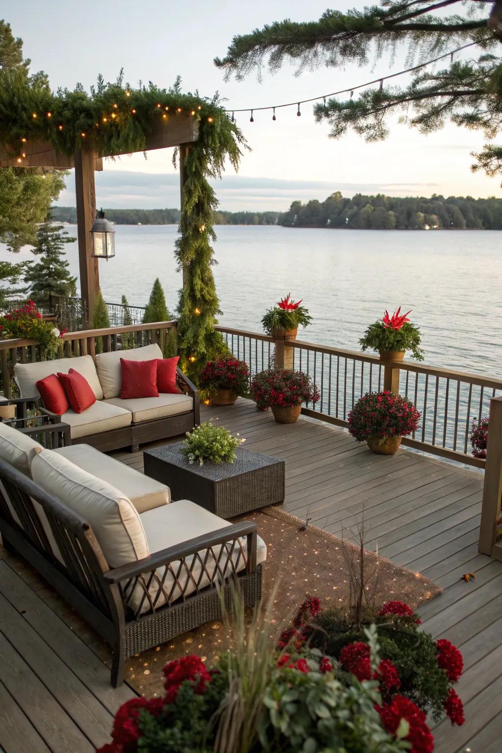 Seasonal decor adds a fresh touch to a lakefront deck.
