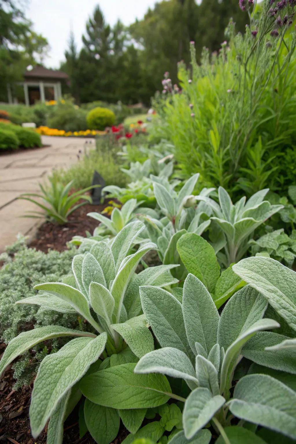 A garden with striking color contrast featuring lamb's ear and greens.