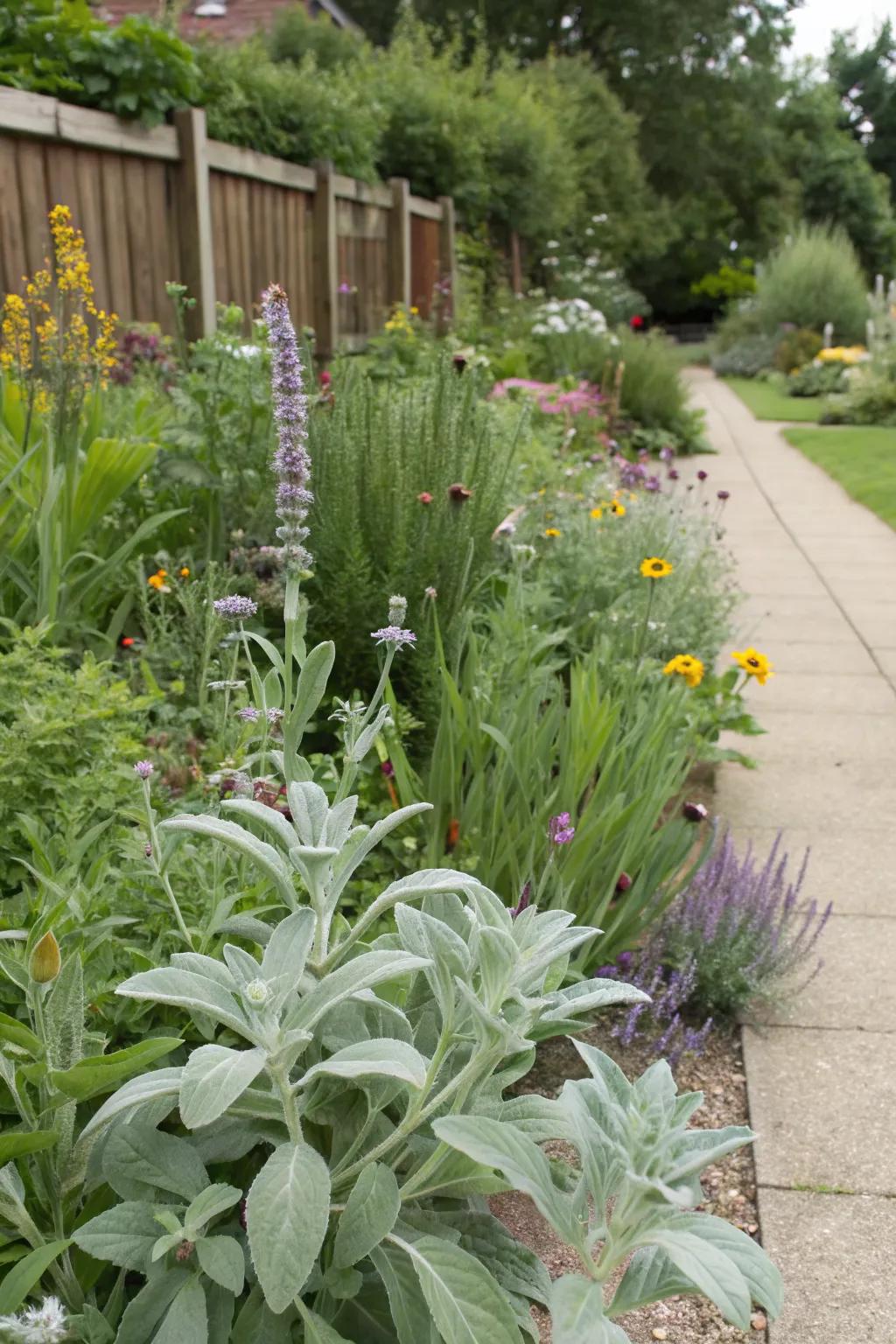 Wildlife-friendly border of lamb's ear attracting beneficial insects.