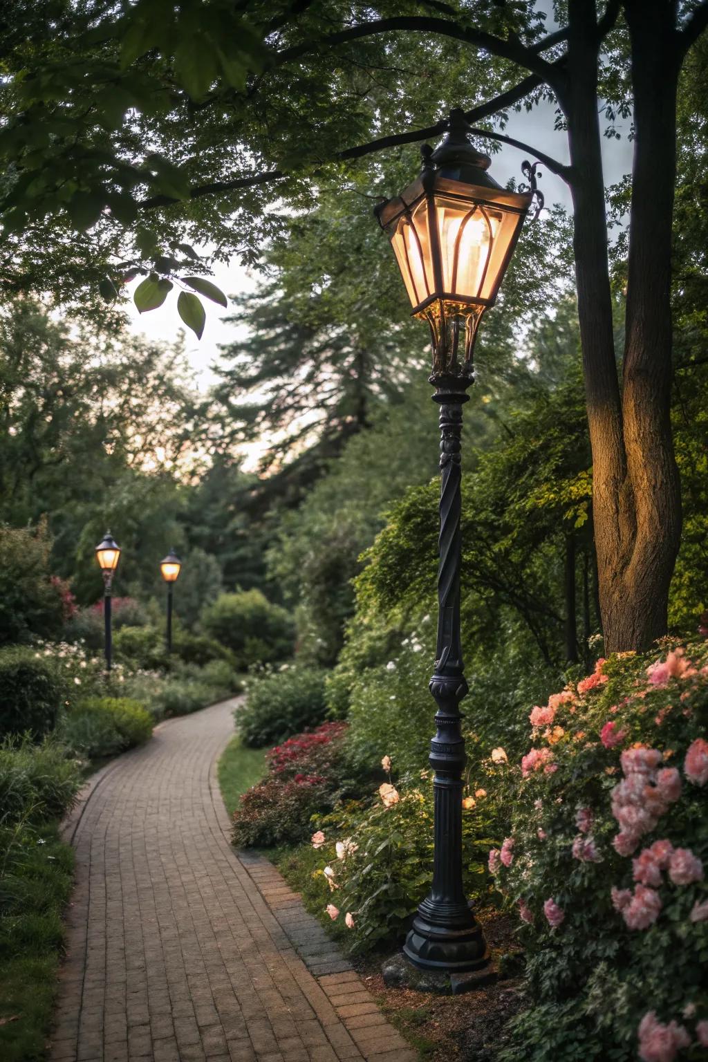 Shaded lamp posts create a soft and elegant lighting effect.