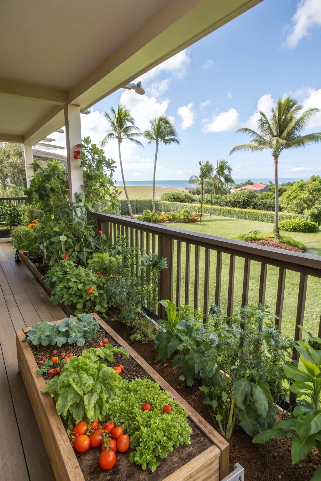 A lanai with a small vegetable garden, providing fresh produce and lush greenery.