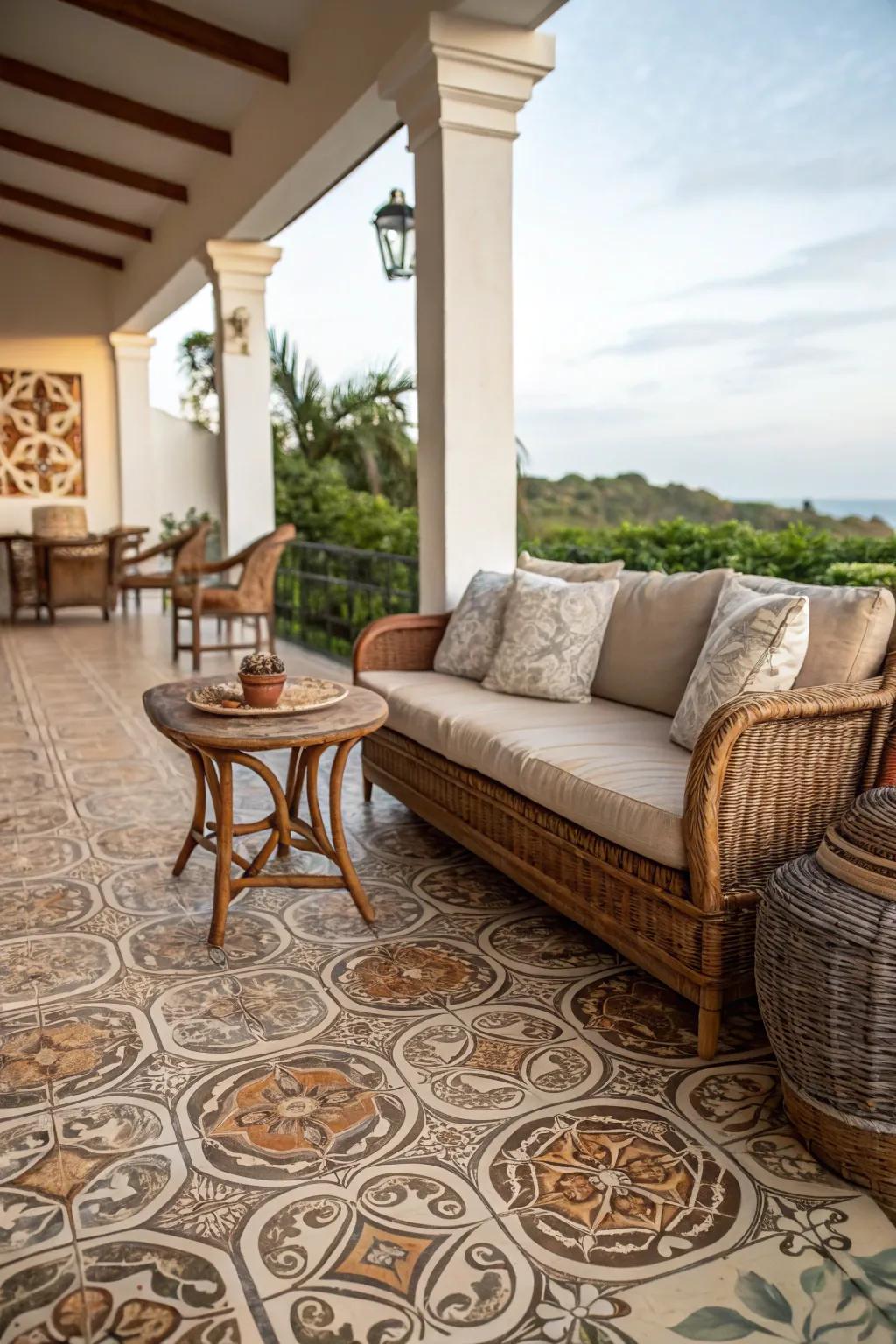 Add vintage charm with encaustic tile patterns on your lanai.