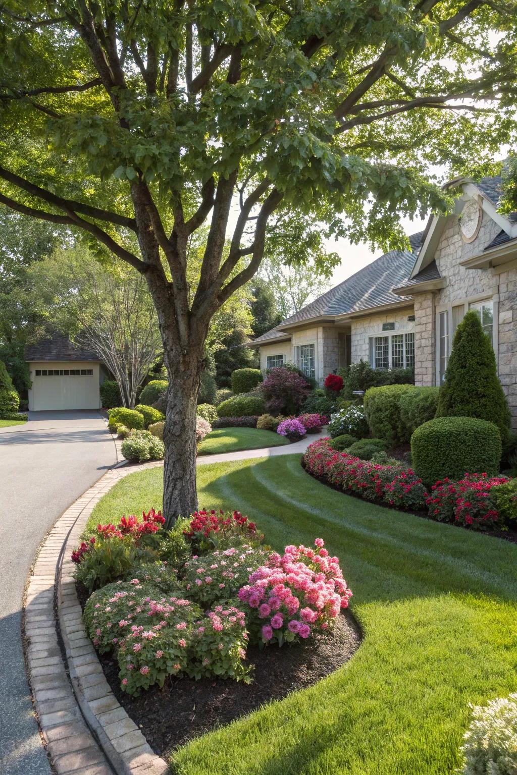 A welcoming front yard with a tree as the centerpiece.