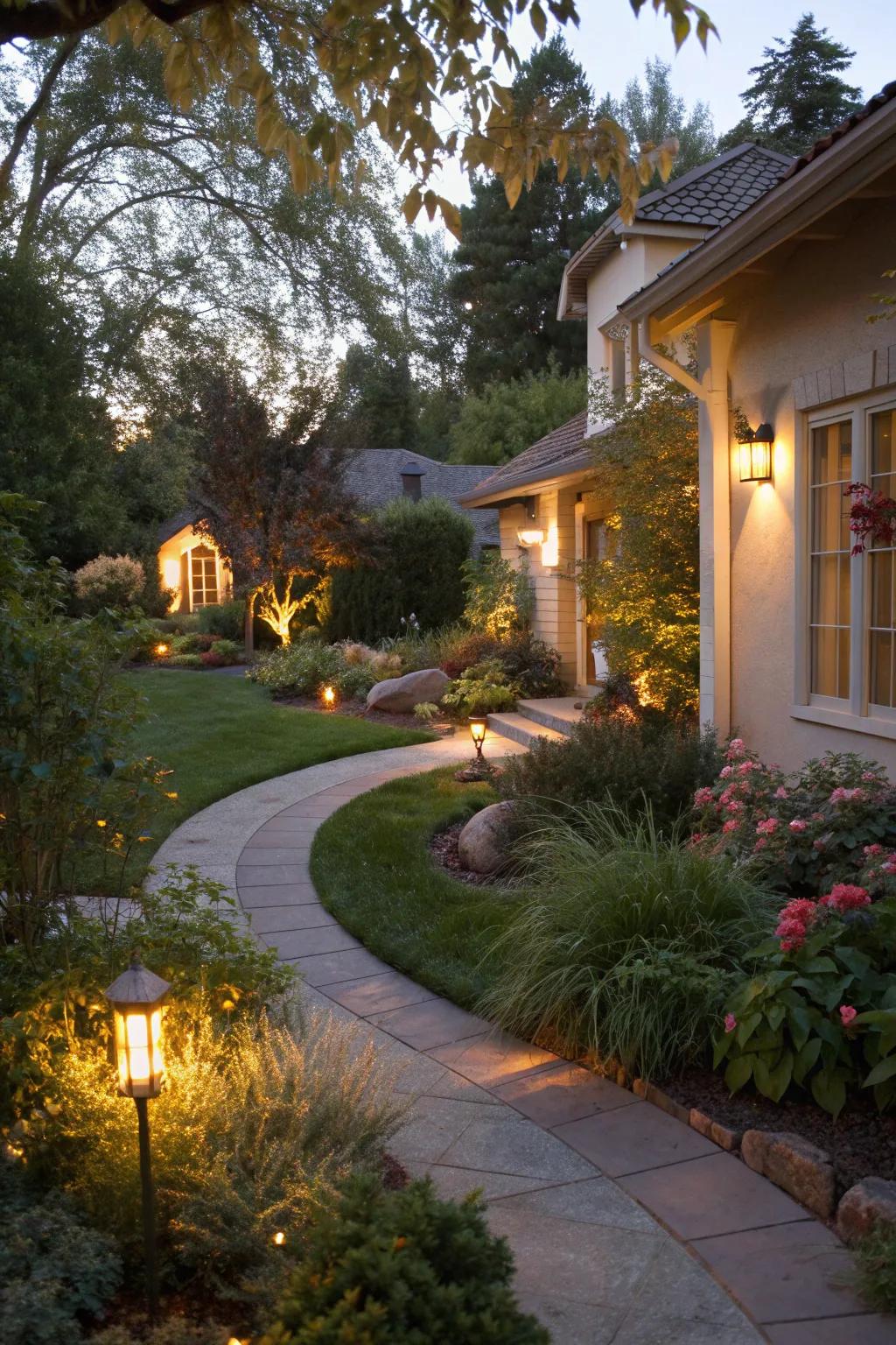 Creative lighting brings a magical ambiance to your front yard.