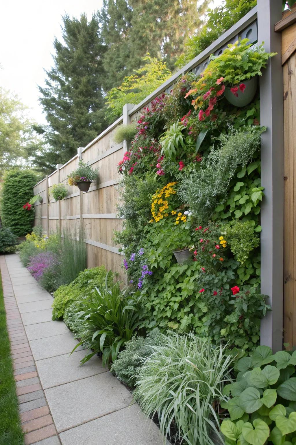 A lush vertical garden adding greenery to backyard walls.