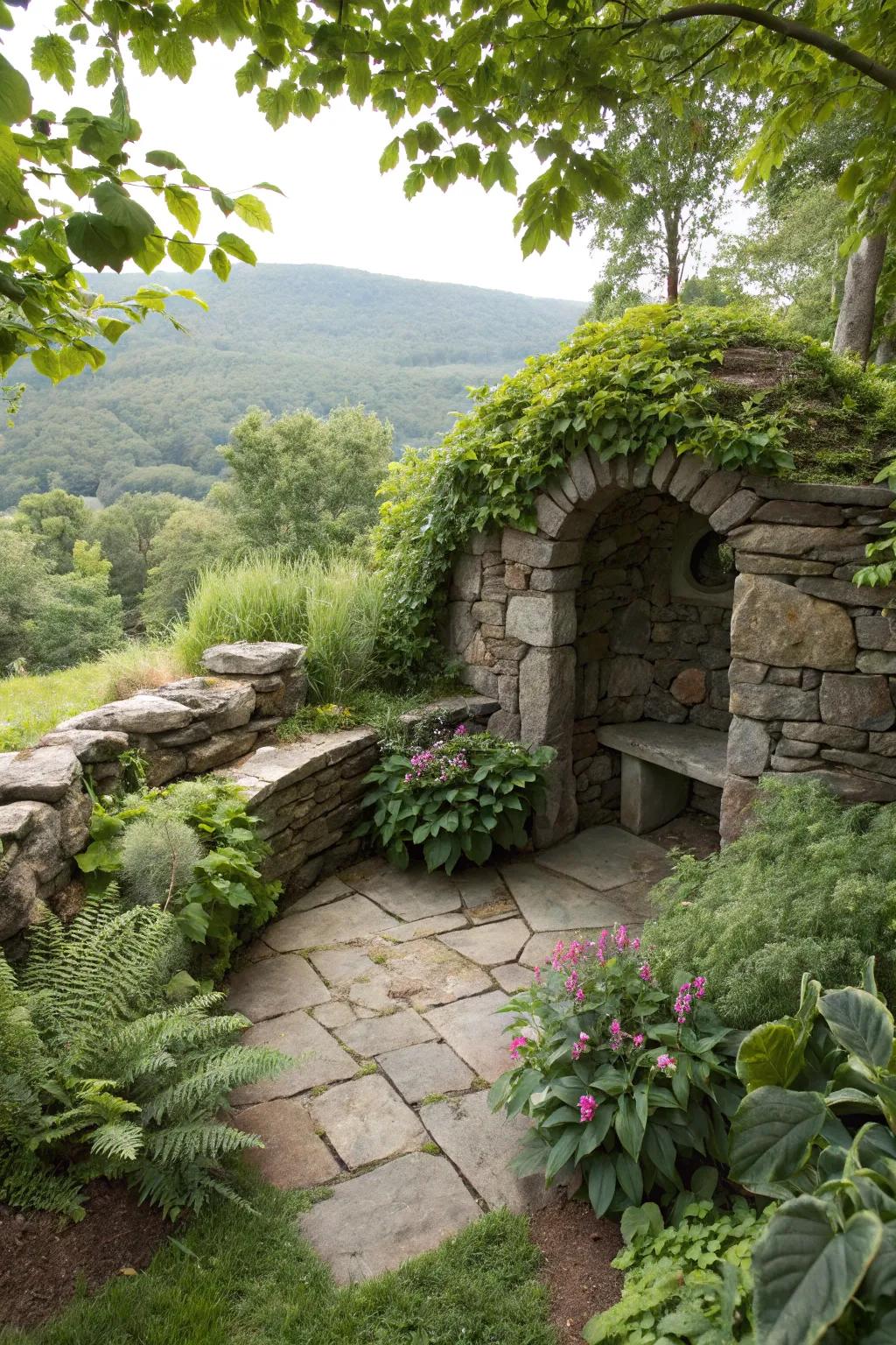 A hidden retreat with a secret garden nook crafted from stones.