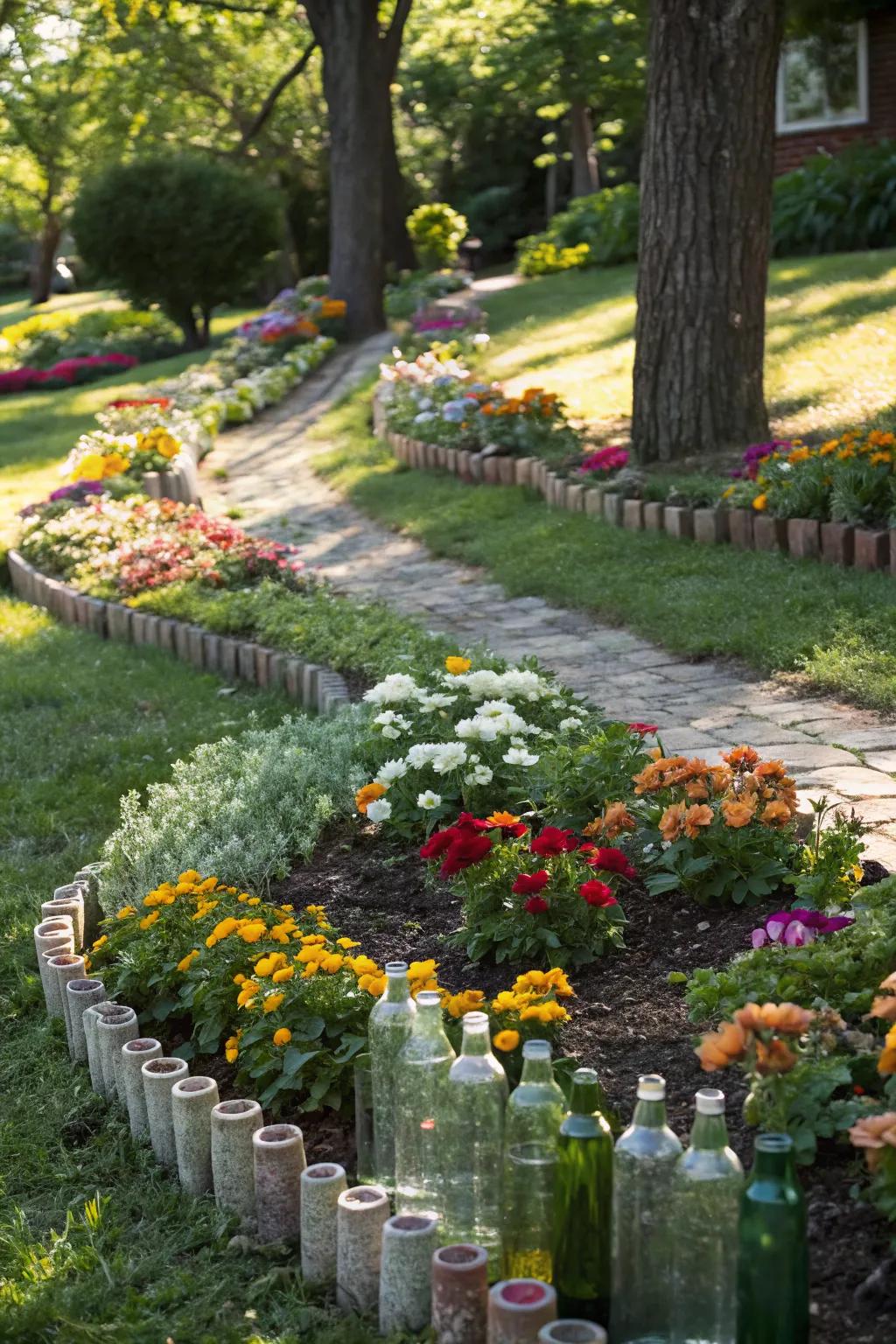 Glass bottle edging brings color and creativity to garden trims.