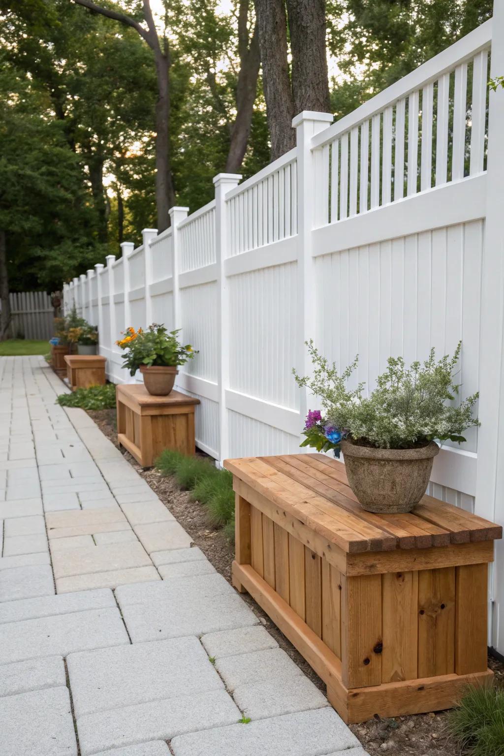 Rustic wooden accents add natural warmth and charm along a white vinyl fence.