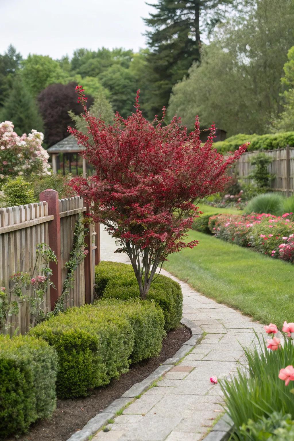 Garden focal point with a single barberry bush.