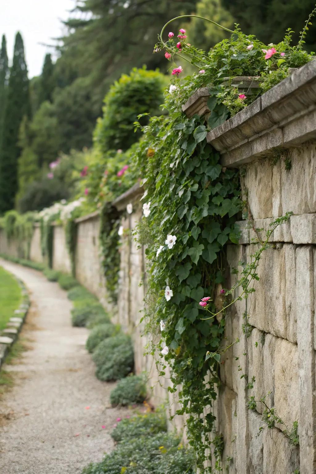 Stone walls with green accents provide privacy and texture.