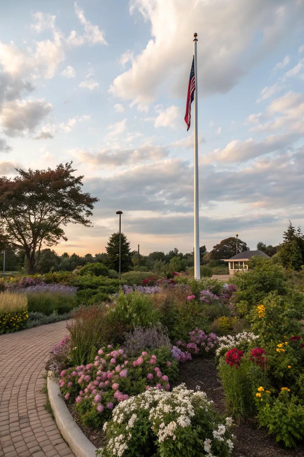 Seasonal plant rotations keep the flagpole area vibrant and dynamic.