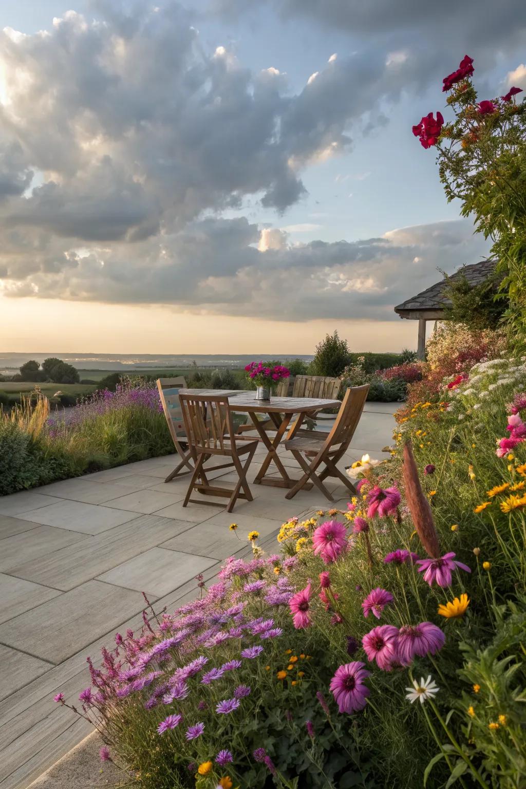 Wildflower borders add a vibrant, natural touch to patios.