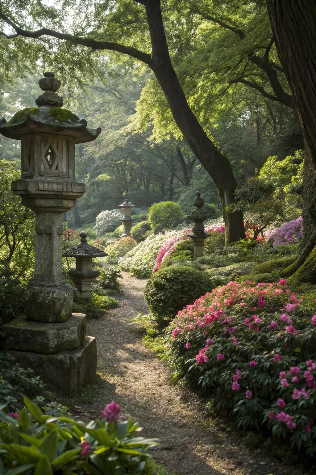 Natural art elements enhance the organic beauty of shaded gardens.