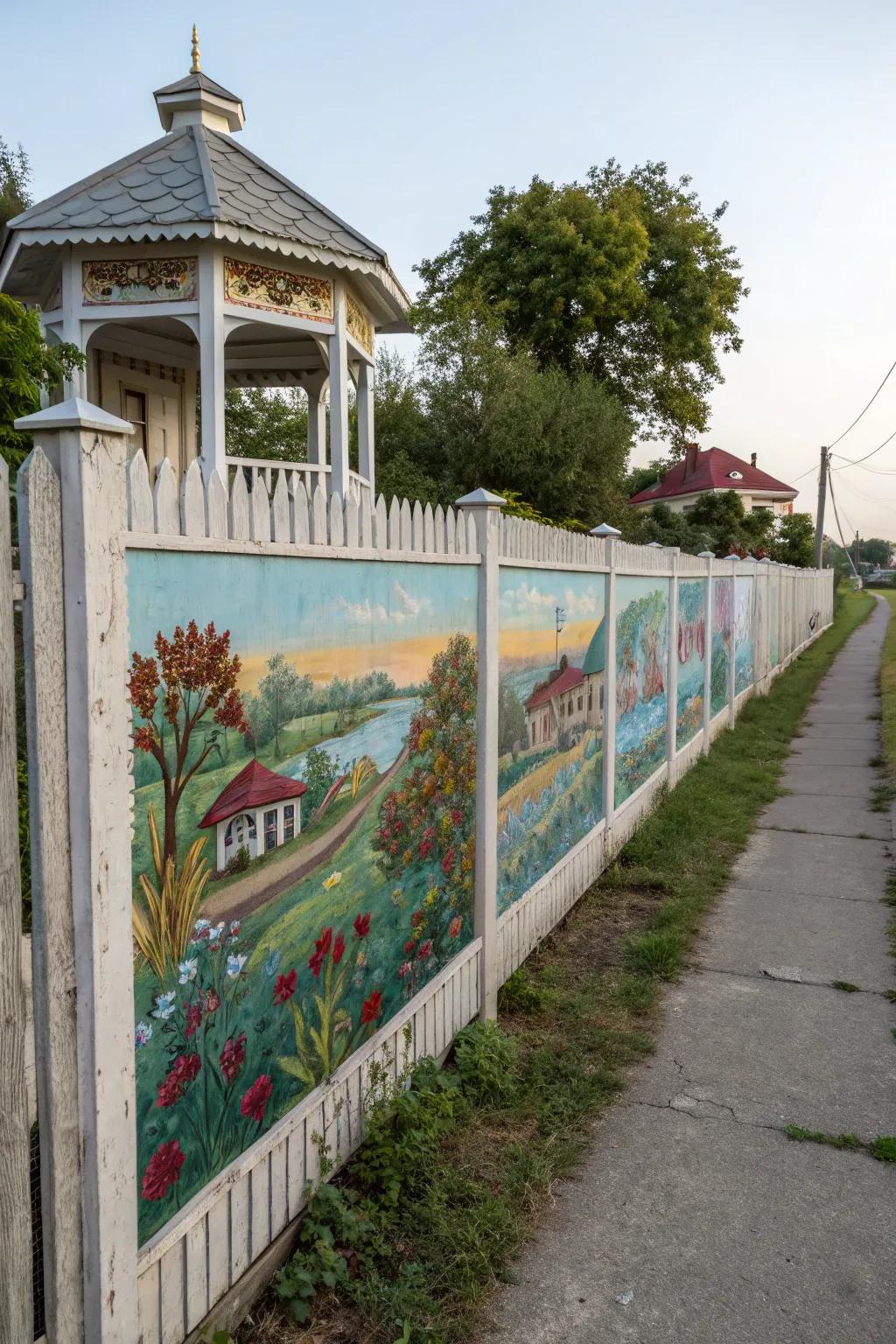 A painted mural transforms the fence into a captivating piece of art.