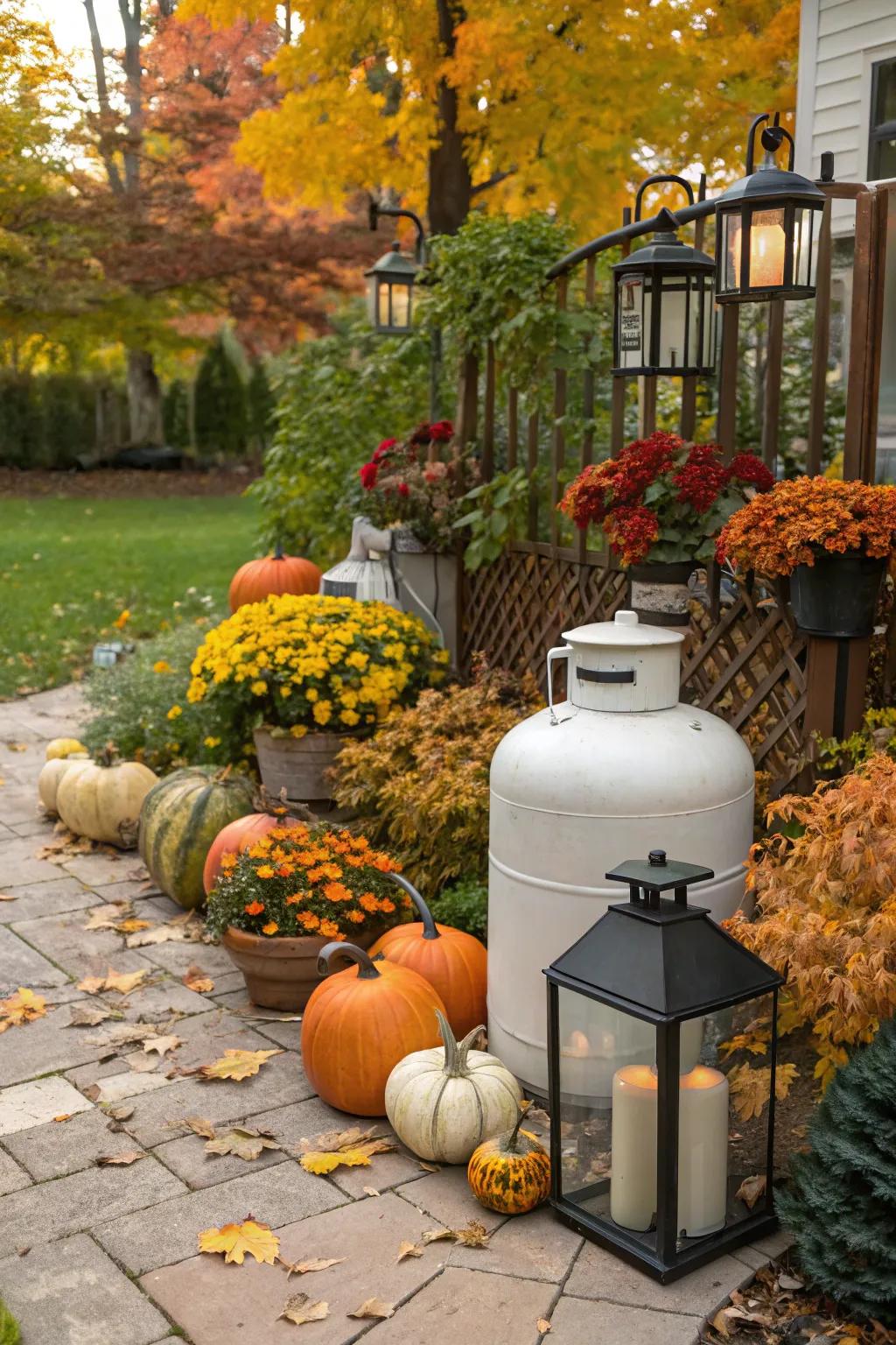 Seasonal decor keeps your garden lively and distracts from the propane tank.