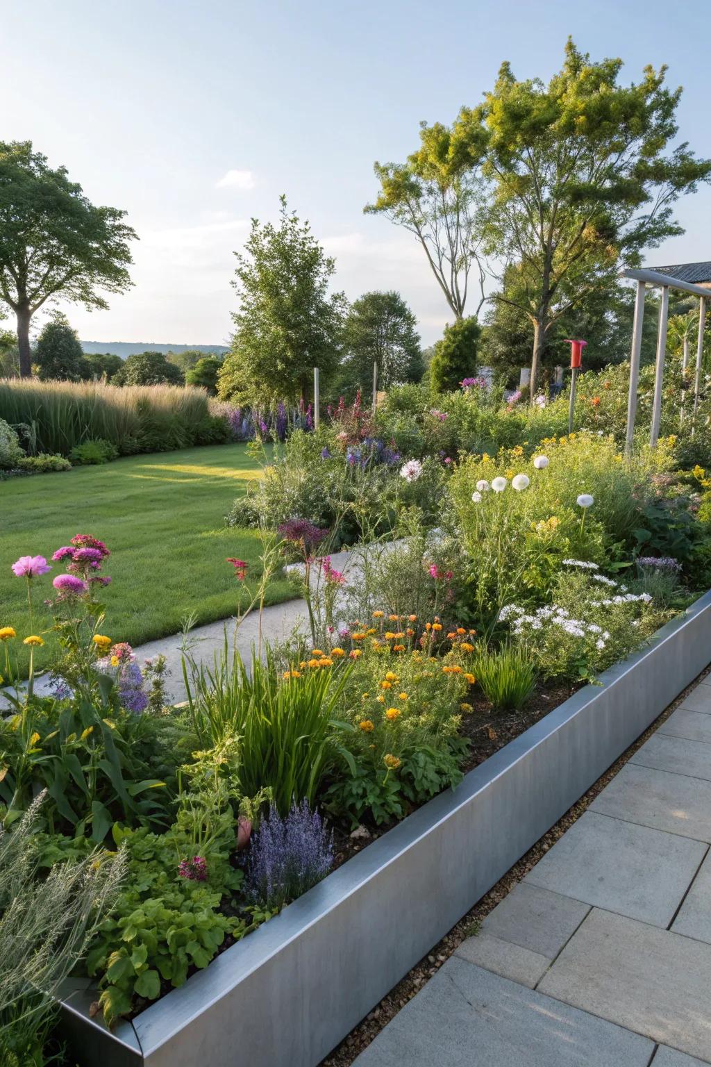 Sleek steel edging creating a modern garden boundary.