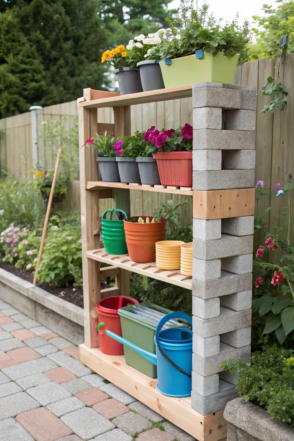 Practical garden shelving using cinder blocks.