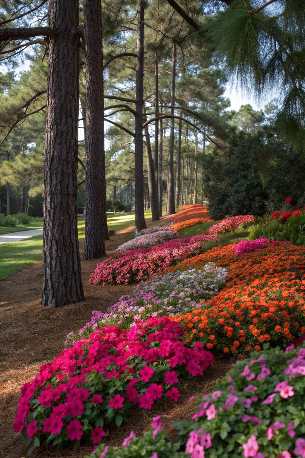 Bright annuals adding color to shaded garden areas.