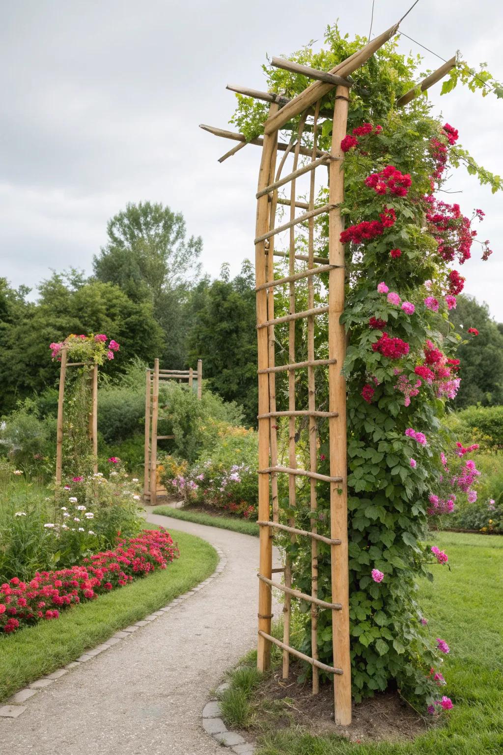 Bamboo trellises invite climbing plants to create a lush vertical garden.