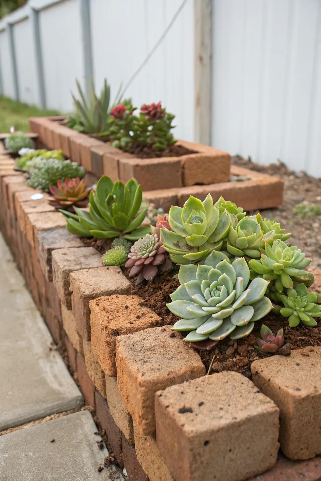 Showcase succulents with a creative brick arrangement.