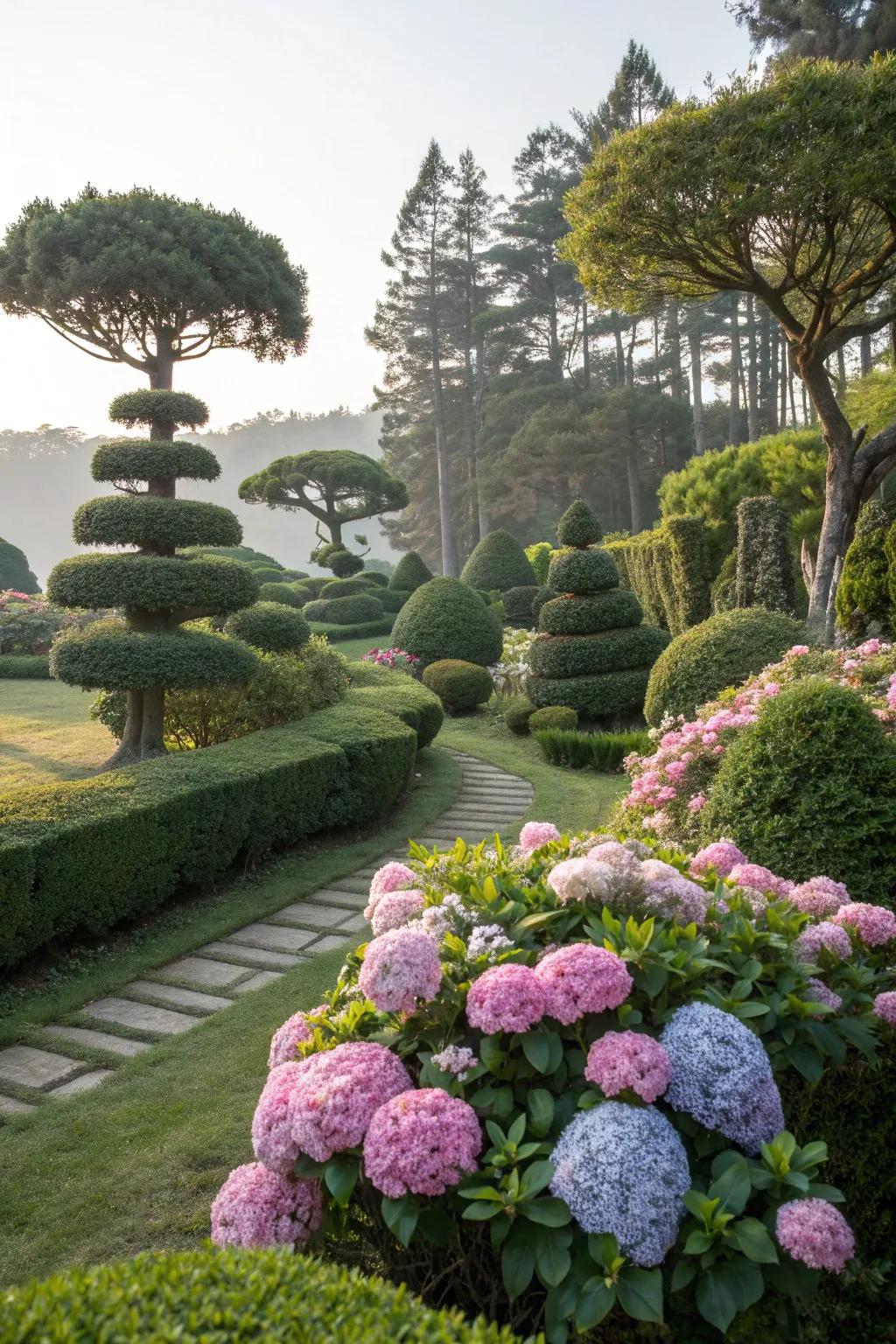 Hydrangeas pruned into sculptures create unique garden art.