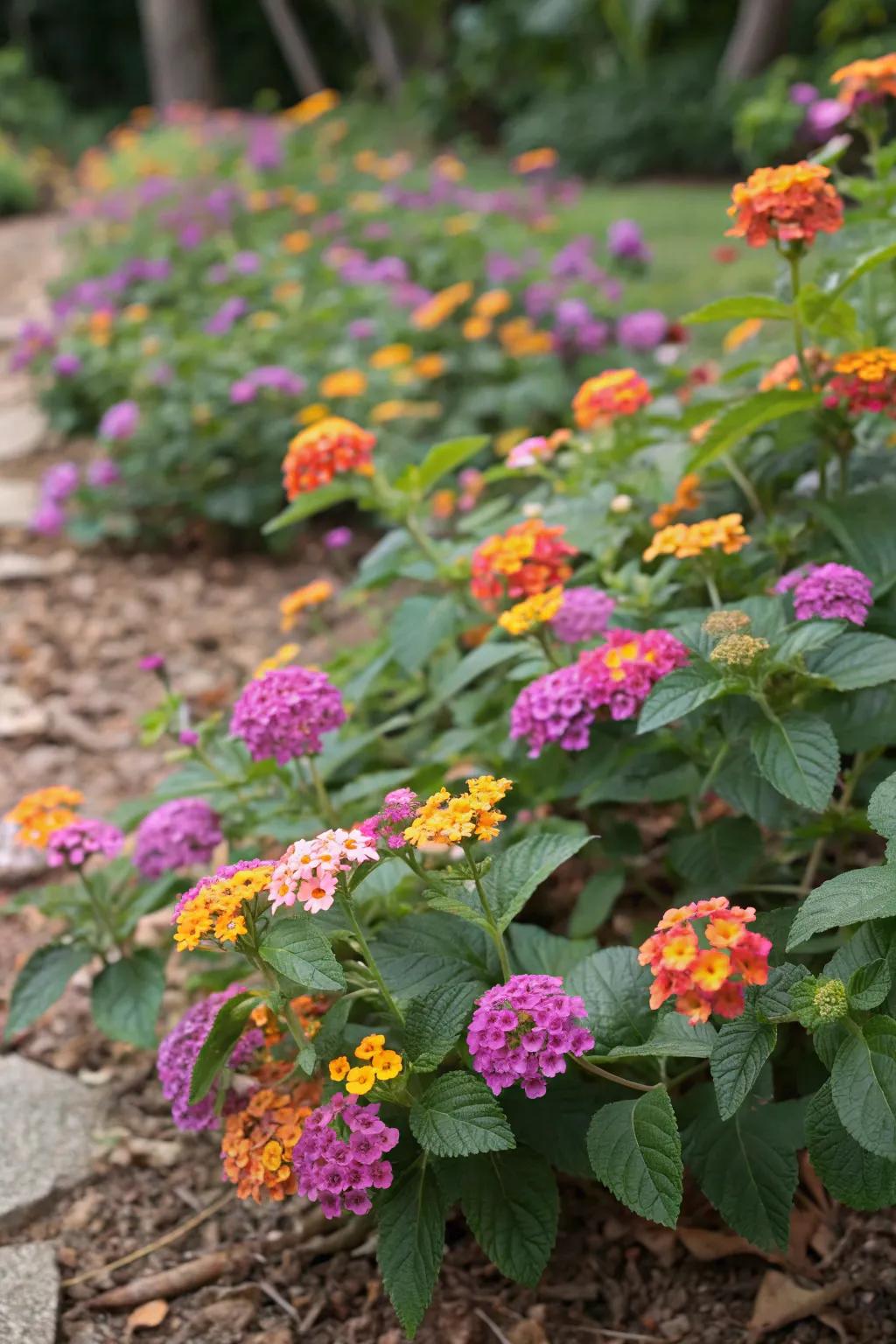 Trailing lantanas creating a lush ground cover.